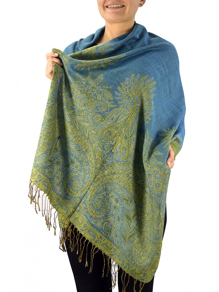 Peach Couture Soft Vintage Persian Paisley Printed Solid Pashmina Shawl Scarf - Blue - CU1874TG0D0