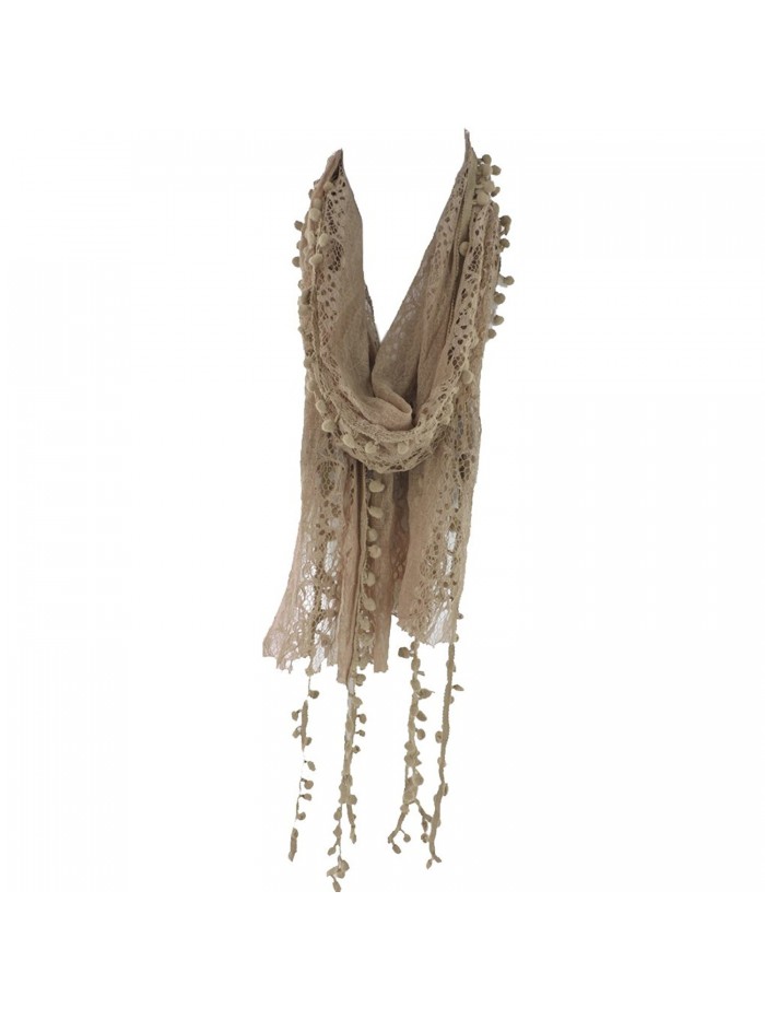 Silver Fever Elegant Skinny Lace Scarf with Pompoms - Bronze Tan - CT12F6S03TP