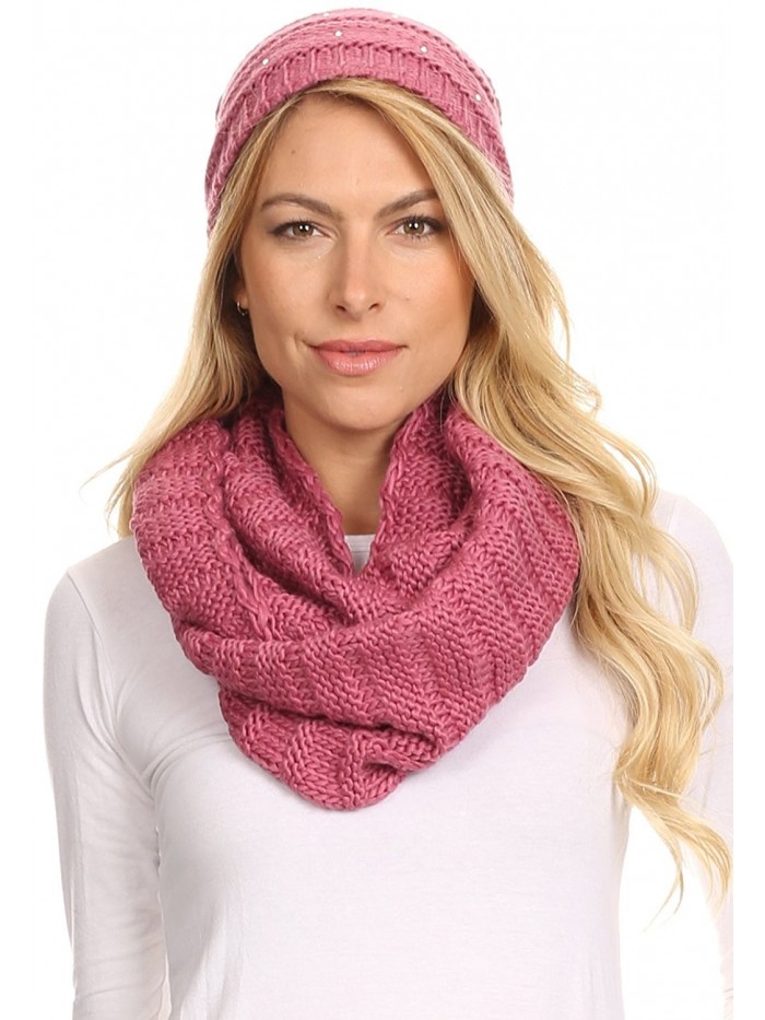 Sakkas Sayla Rhinestone Jewel Soft Warm Woven Cable Knit Beanie Hat And Scarf Set - Rose - C512L6XB9HT