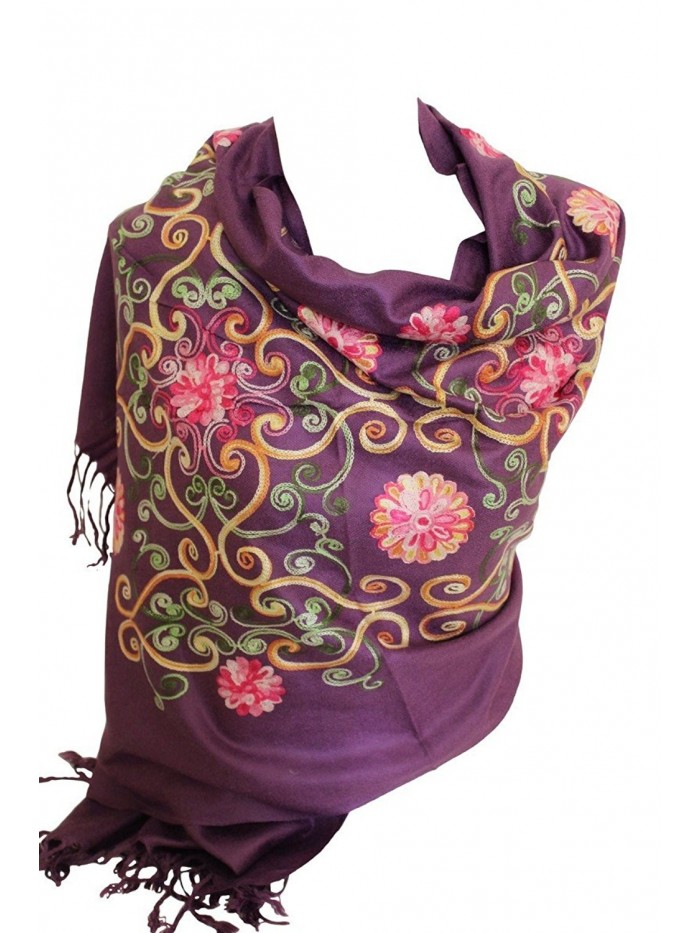 Premium Lush Embroidered Pashmina Feel Scarves Shawl Stole Wrap Head Scarf - Purple - CM12NT9FFQH