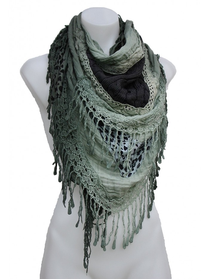 Terra Nomad Women's Knit & Cotton Fringed Triangle Scarf Shawl - Olive - CD11U6HWWMN