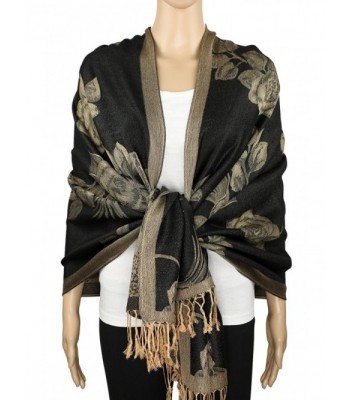 Achillea Two Tone Floral Roses Reversible Pashmina Scarf Shawl Wrap Stole 78" x 27" - Black/Gold - CW1865KL0HU