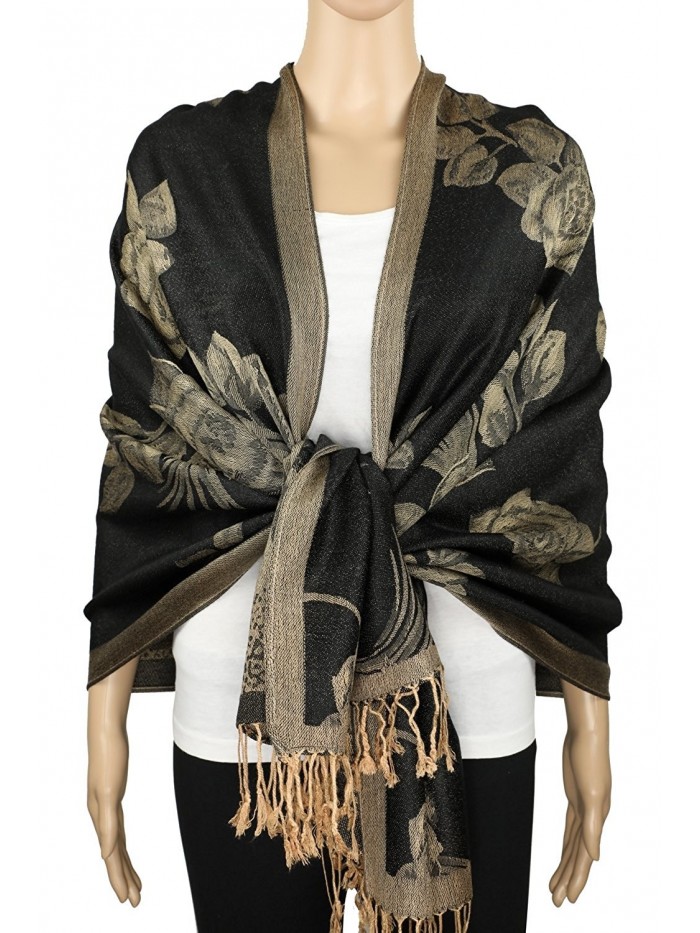 Achillea Two Tone Floral Roses Reversible Pashmina Scarf Shawl Wrap Stole 78" x 27" - Black/Gold - CW1865KL0HU