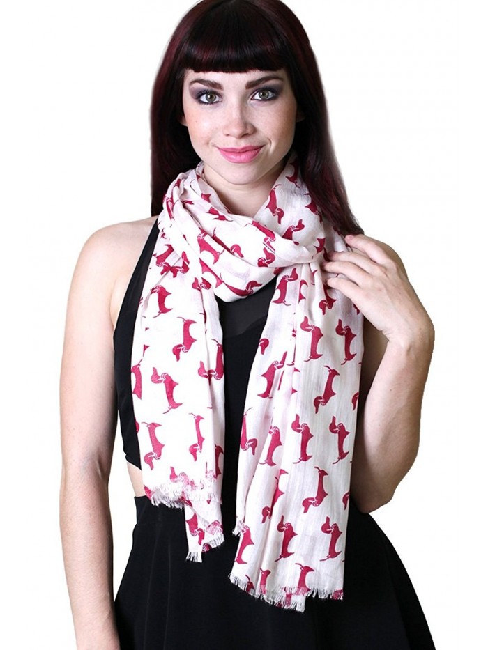 (11 COLORS) Bella Doxie Dachshund Dog Scarf- Women's Animal Print Tassel Shawl - Red Dog / Off White Base - CW1295KQNKD