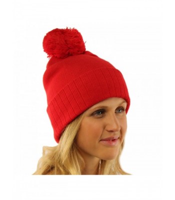 2 in 1 Winter 2ply Stretch Knit Pom Pom Cuff No Cuff Beanie Skull Ski Hat - Red - CN11GAW7M4F