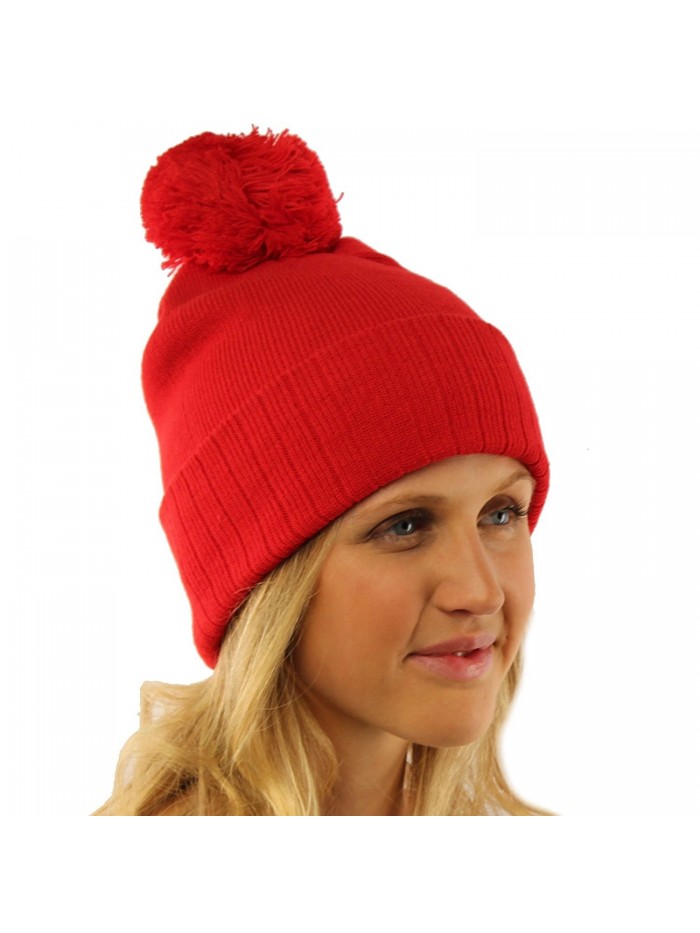 2 in 1 Winter 2ply Stretch Knit Pom Pom Cuff No Cuff Beanie Skull Ski Hat - Red - CN11GAW7M4F