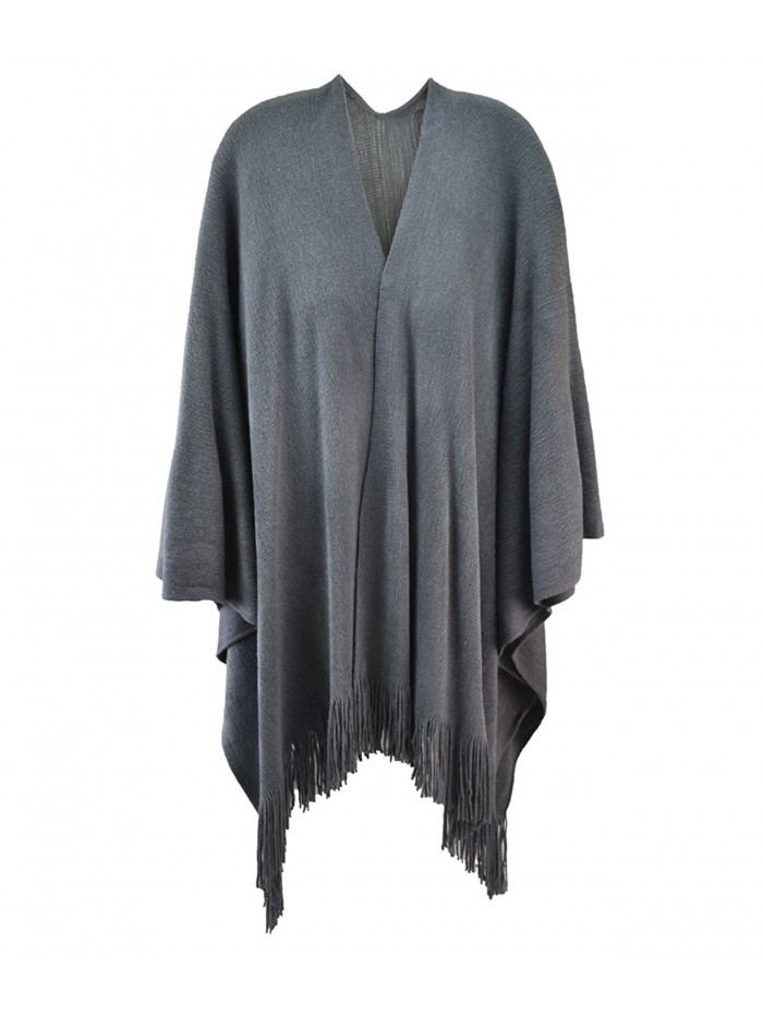 Modadorn New Basic Solid Winter Ruana Fringe Women's Fashion- Shawl & Accessories - Gray - CA11DR8WWH3