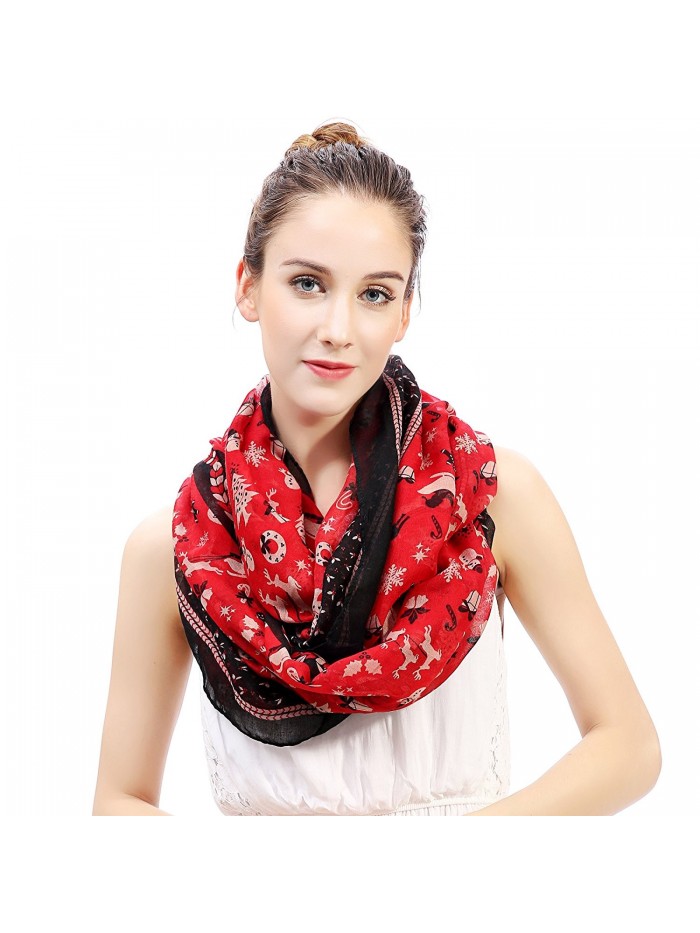 Lina & Lily Santa Sleigh Reindeer Snowman Tree Print Infinity Christmas Scarf - Red - CM11PT1H41F