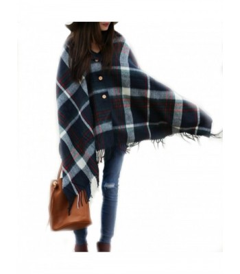 Pretty Simple Plaid Button Blanket Scarf Shawl Women's Wrap - Navy Blue - CR12G26THW9