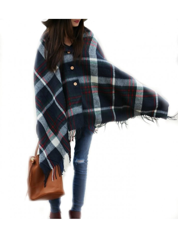 Pretty Simple Plaid Button Blanket Scarf Shawl Women's Wrap - Navy Blue - CR12G26THW9