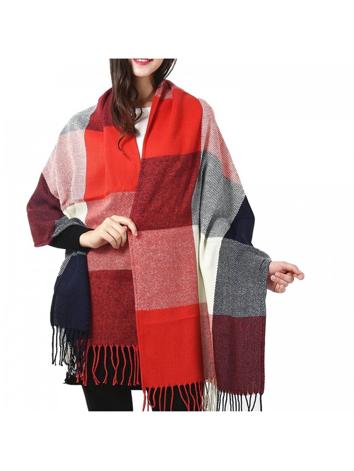 Marvel O Bug Warm Women's Fashion Long Shawl Big Grid Winter Warm Lattice Large Scarf - Orange Red - C91870UTIMZ