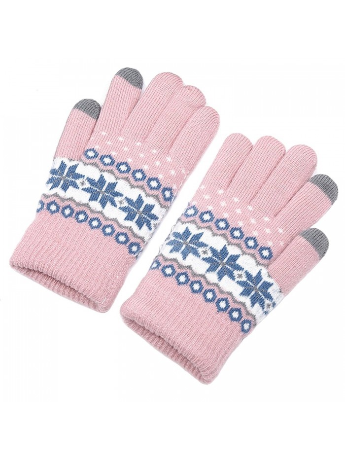 ChicPro Womens Touchscreen Texting Gloves Winter Warm Knit Thick Lined Gloves - Pink Snowflake - C0187D9Z2XT