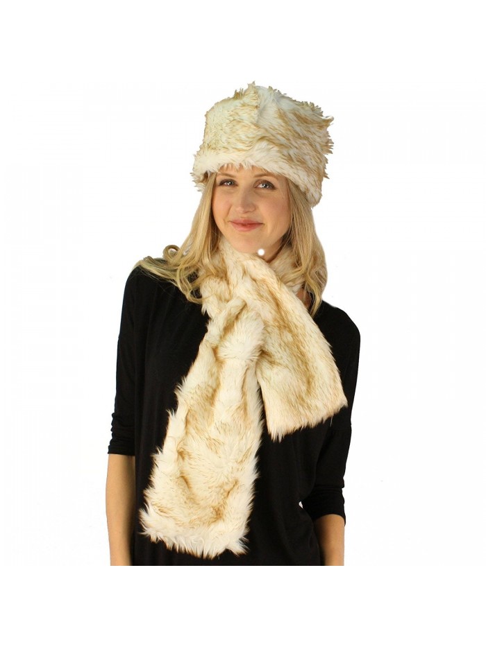 Ladies Winter Soft Animal Print Faux fur Bucket Ski Cap Hat Scarf Set - Cream - CP1102XD85V