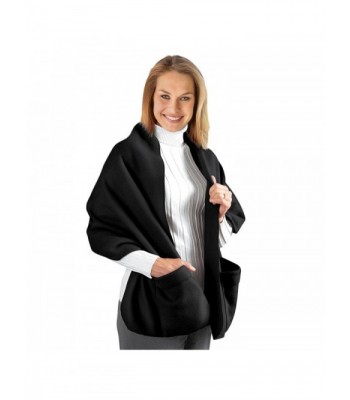 Fleece Wrap Shawl With Pockets- 66"L - Black - C611P3DC9IR