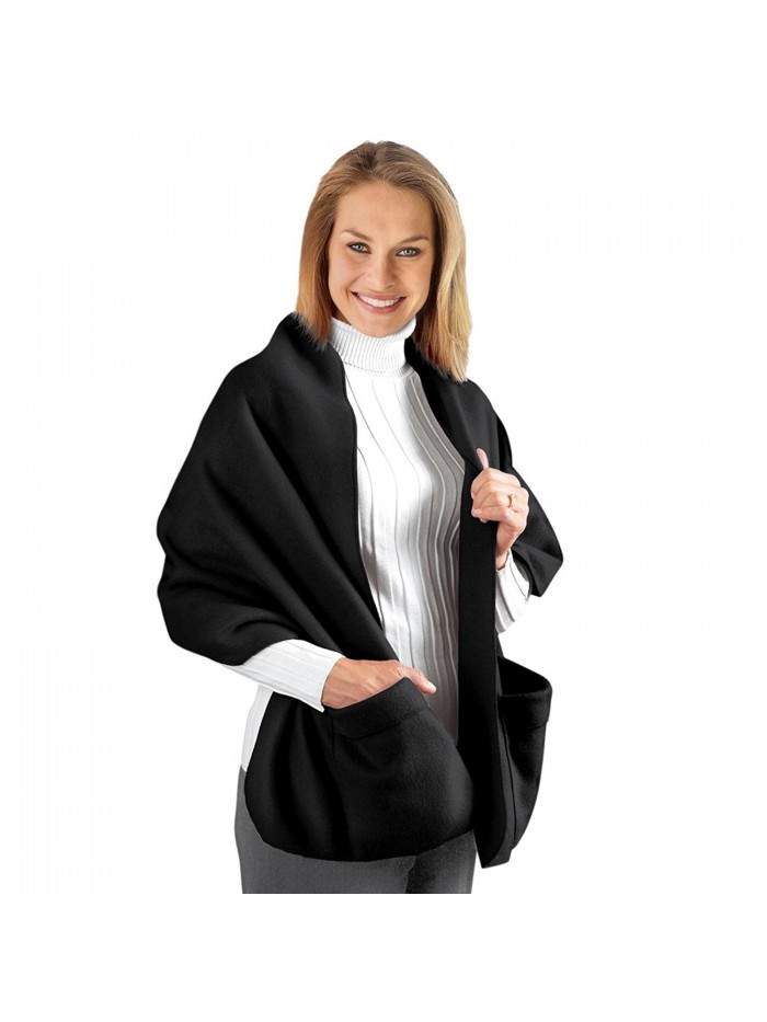 Fleece Wrap Shawl With Pockets- 66"L - Black - C611P3DC9IR