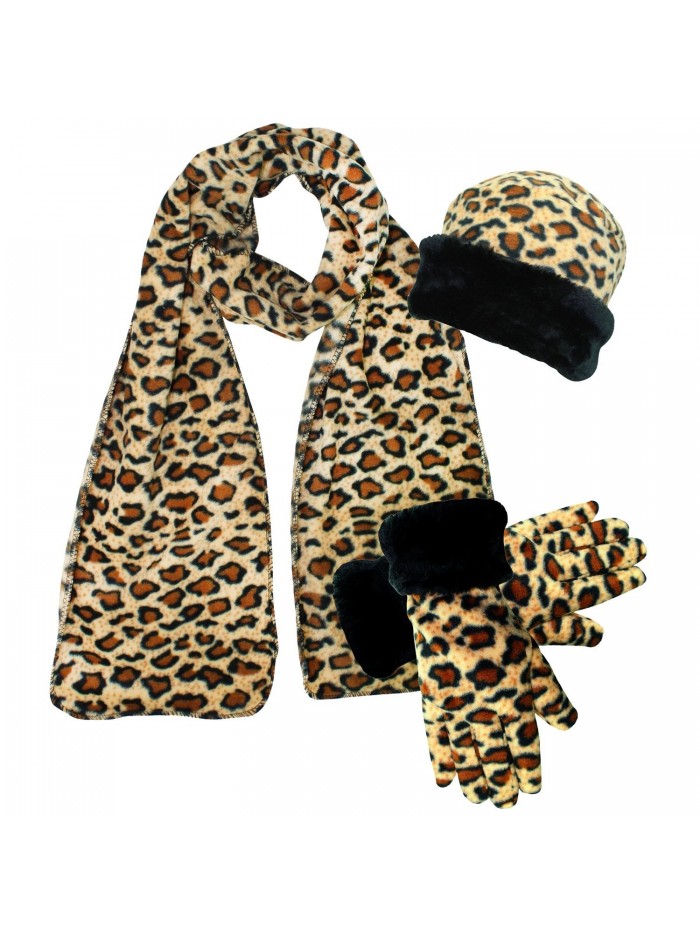Leopard Print Fleece 3-Piece Hat Scarf & Gloves Matching Winter Set - C2187CZT2UO