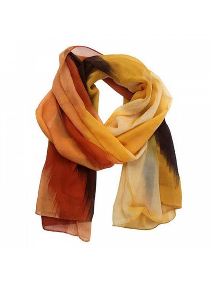 Iusun Women Chiffon Chinese Ink Style Wrap Long Soft Shawl Scarf - Orange - CQ12N2PKO5D