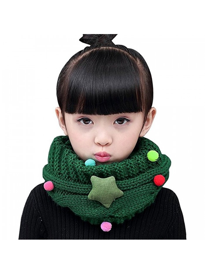 Boys Girls Winter Knit Infinity Scarf Unisex Neckerchief with Stars Pom Pom Ball - Deep green - CD1887QS65A