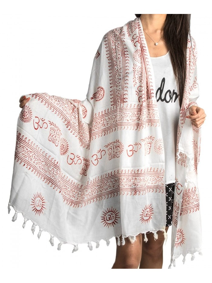 Large Om Scarf Wrap Yoga 100% Soft Cotton Hand Printed Boho Bohemian (White - CK12IF5SJ6P