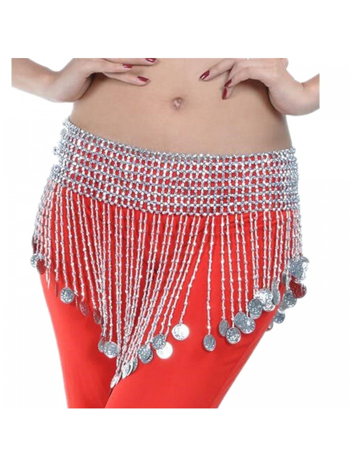 ZYZF Beaded Elastic Waist Rave Belly Dance Skirt Hip Scarf Costume - Silver - CK12G7AV5UB