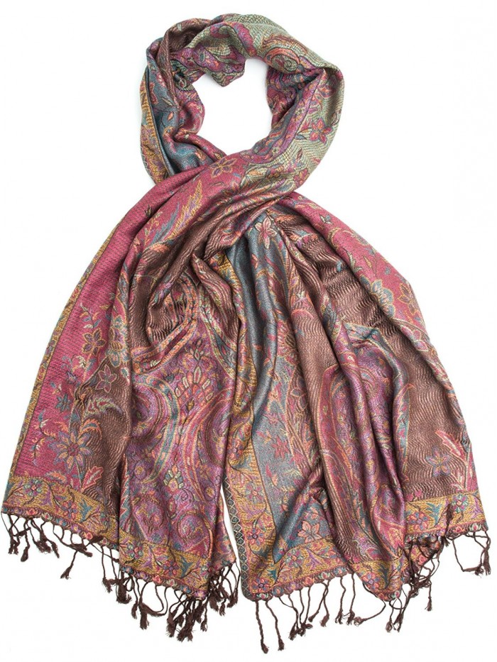 Amrita Scarf- Pashmina Indian Paisley Traditional Jacquard Shawl - Burgundy/Brown - CG188US7QWW