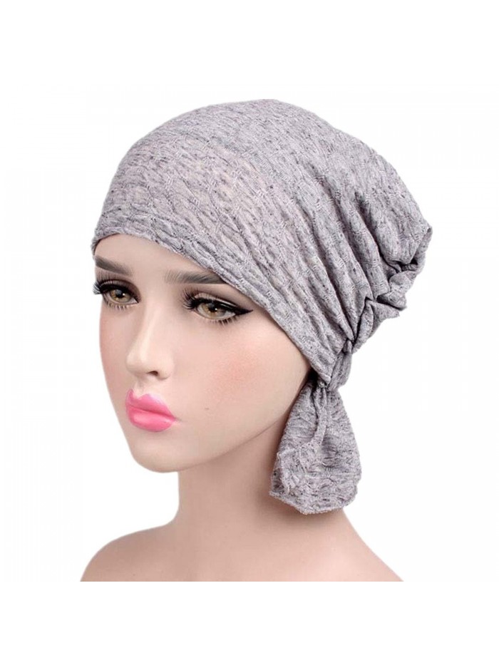 beauty YFJH Print Cotton Chemo Head Scarf Turban Hat Sleep Cap Headwear Ethnic Wrap Ruffle Beanie - Light Grey - C7187450L85