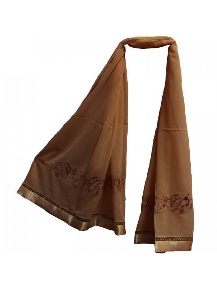 Womens Sequined Silk Chiffon Embroidered Hijab Pashmina Brown Shawl Scarf - CA11NPU0E5P