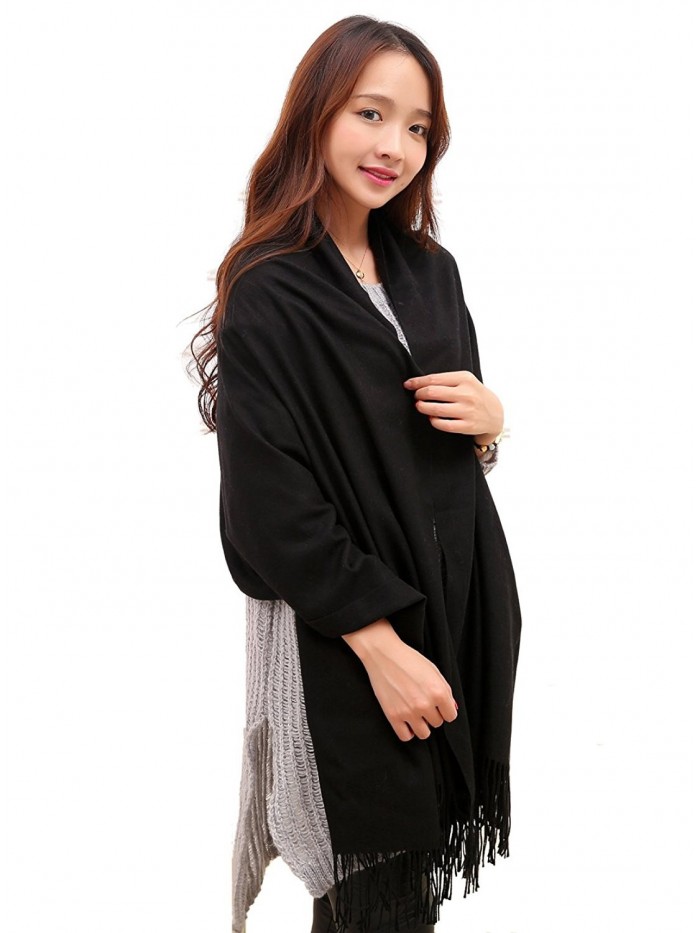 Anboor Cashmere Feel Blanket Scarf Super Soft with Tassel Solid Color Warm Shawl for Women - Black - CU12LLEY925