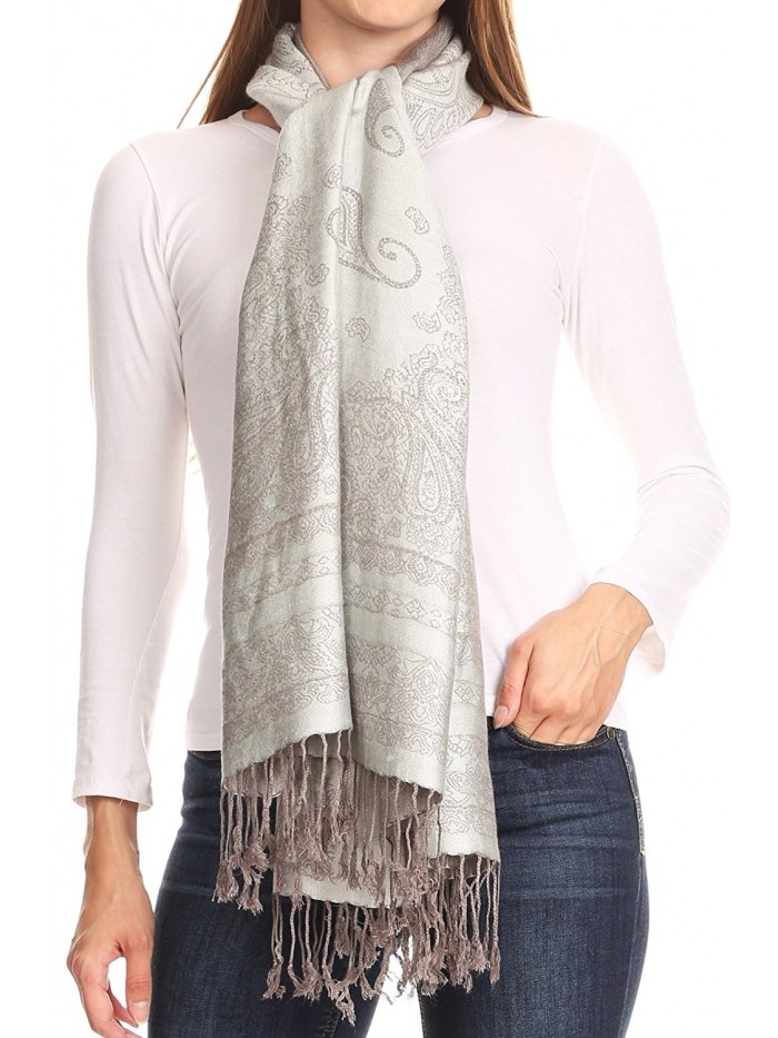 Sakkas Lightweight Two Tone Paisley Design Pashmina Fringe Scarf / Stole / Wrap - White / Grey - CS184S7EIRD