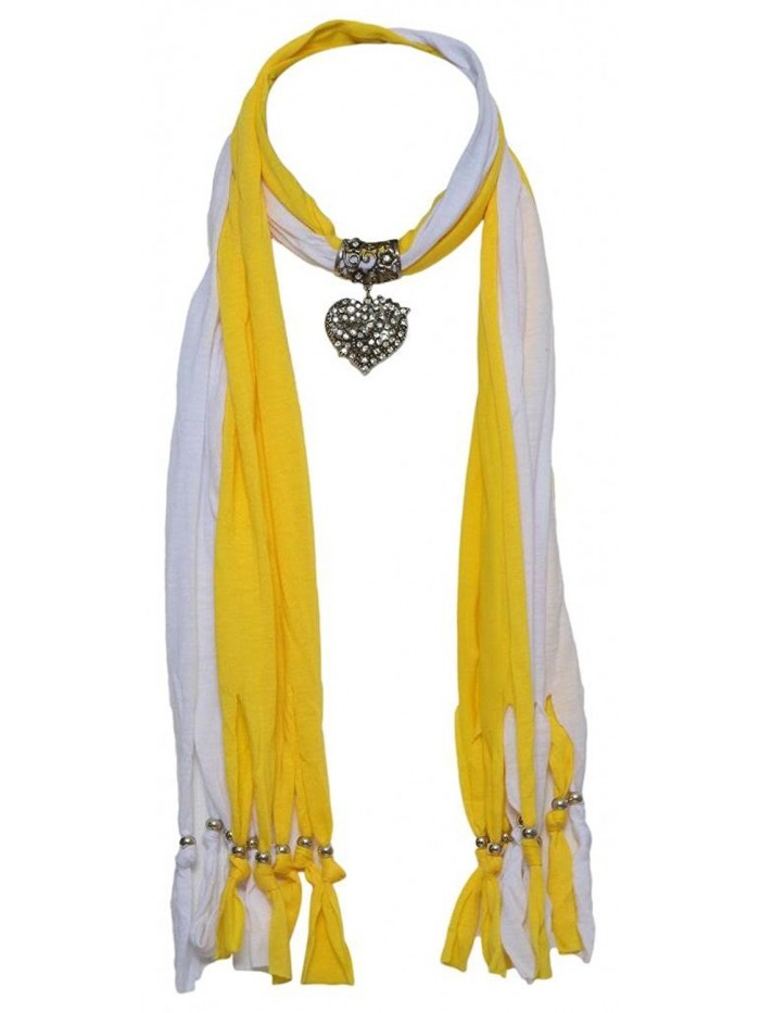 Womens Fashion Scarf w/ Studded Heart-Shaped Necklace - Yellow/White - CU11J0OHH19