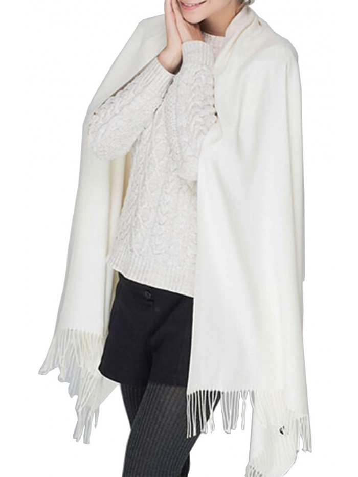 Winter Womens Large Soft Warm Pashmina Cashmere Blanket Scarf Solid Color Tassel Shawl(14 colors) - White - C0187CECR9C