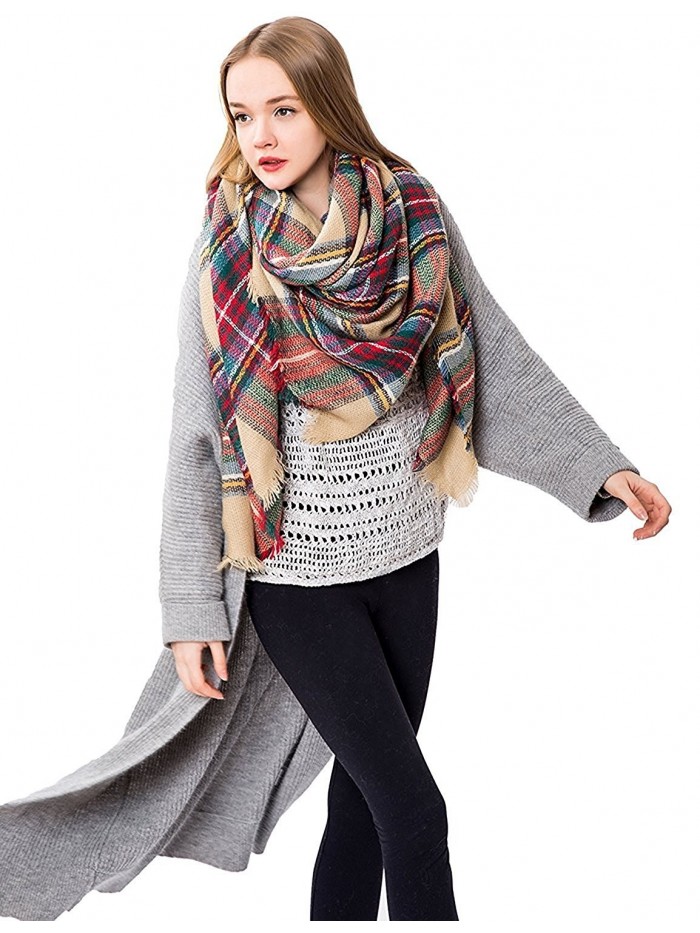 Women Plaid Blanket Winter Scarf Thick Cozy Tartan Wrap Oversized Shawl Cape - CC12IOZ90LT