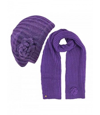 Feminine Rosette Knit Beret Hat & Scarf Set - Purple - CV110JONZVZ