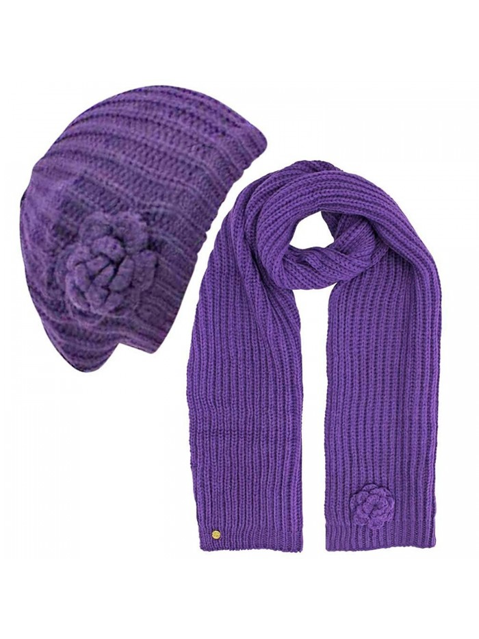 Feminine Rosette Knit Beret Hat & Scarf Set - Purple - CV110JONZVZ