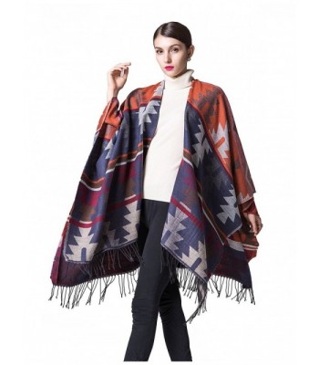 Women's Fringed Cashmere Fleece Poncho Shawl Wrap Coat - Orange (Fast ...