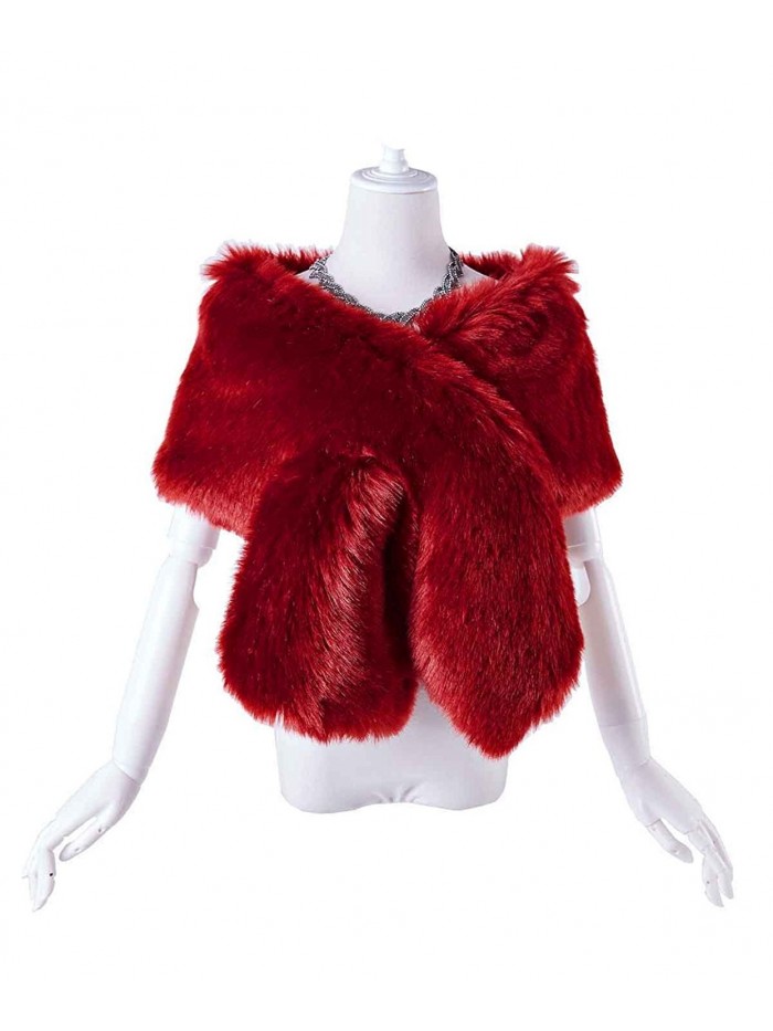 Changuan Women's Winter Fake Faux Fur Scarf Wrap Collar for Wedding Bridal Evening Shawl - Burgundy - CT189T295KY