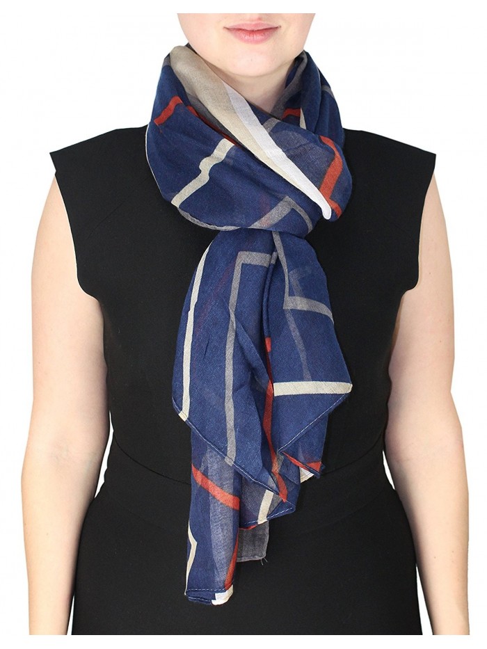 Fun Sheer Multicolored Striped Chevron Design Scarf/wrap w/ Colorful Border - Navy and Rust - CN11JEDJN81