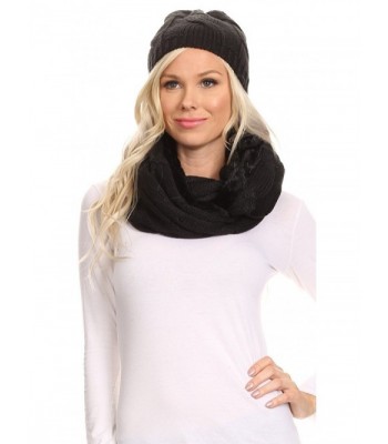 Sakkas Olliey Long Wide Classic Cable Knit Fur Lined Infinity Scarf And Hat Set - Black - CR12HHVJPZ7