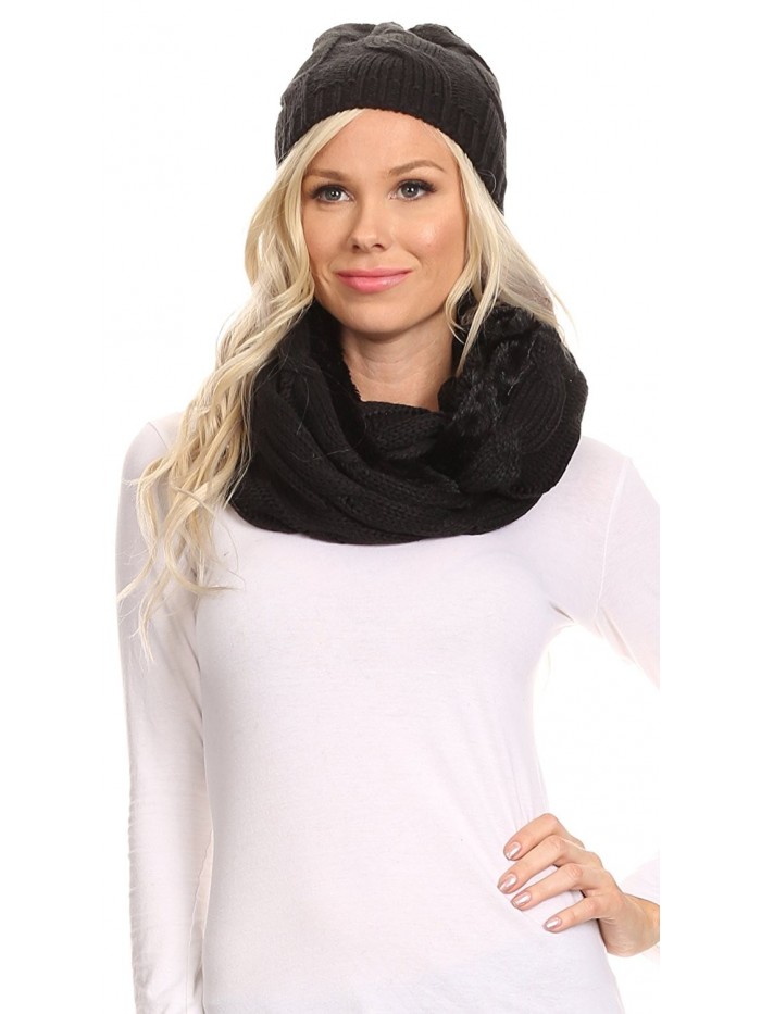 Sakkas Olliey Long Wide Classic Cable Knit Fur Lined Infinity Scarf And Hat Set - Black - CR12HHVJPZ7