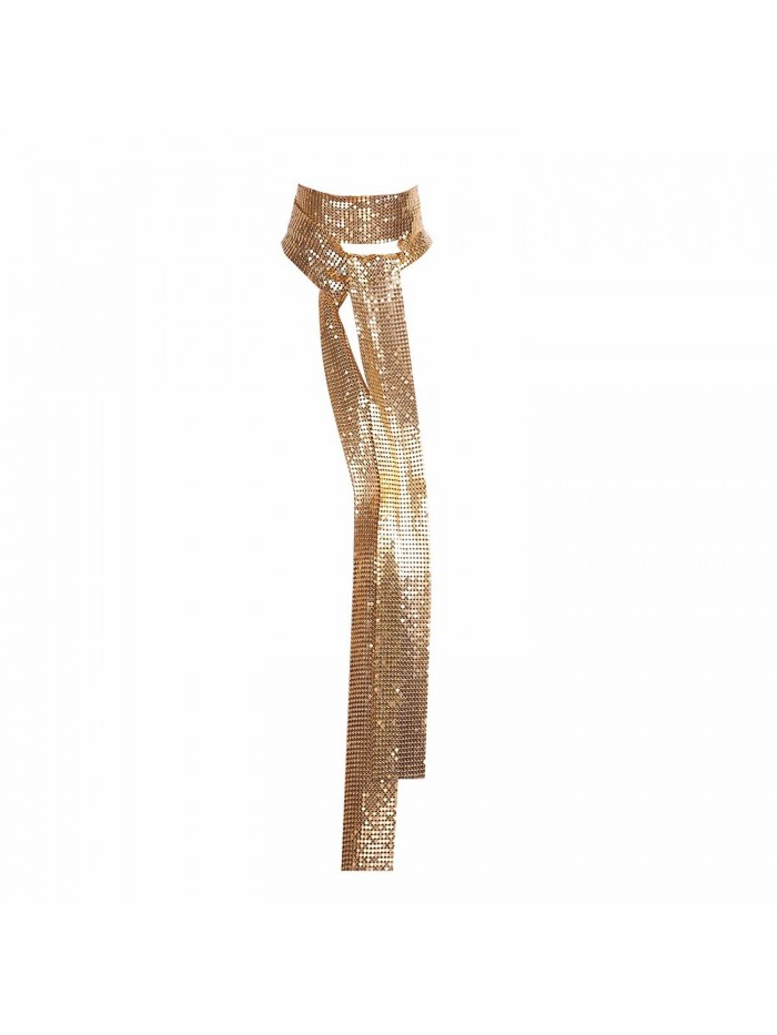 iiniim Women Glitter Sparkle Metal Sequins Neck Tie Scarf 160cm Thin Skinny Long Neckerchief - Gold - CO188UC7887