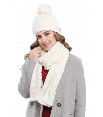 Bellady Women's Knitted Double Layers Beanie Cap with Pom Pom- Scarf Two Peice Set - White - CN12MBWLATZ