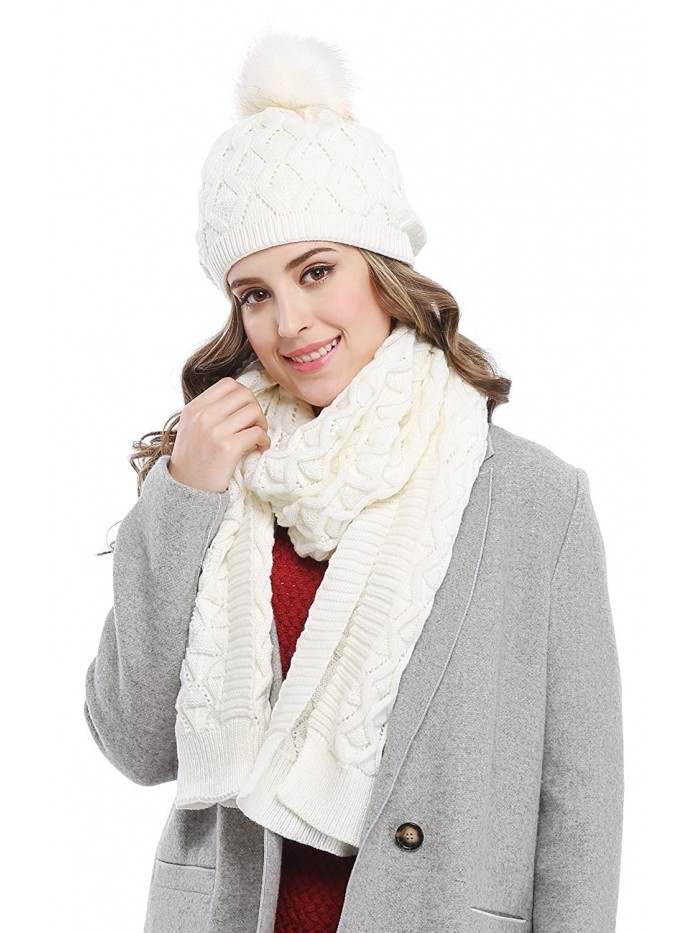 Bellady Women's Knitted Double Layers Beanie Cap with Pom Pom- Scarf Two Peice Set - White - CN12MBWLATZ