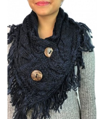 Women's Heather Fringe Shoulder Accent Coconut Buttons Cable Knit Shoulder Scarf Wrap YS-3680 - Navy - CV187WN7L95