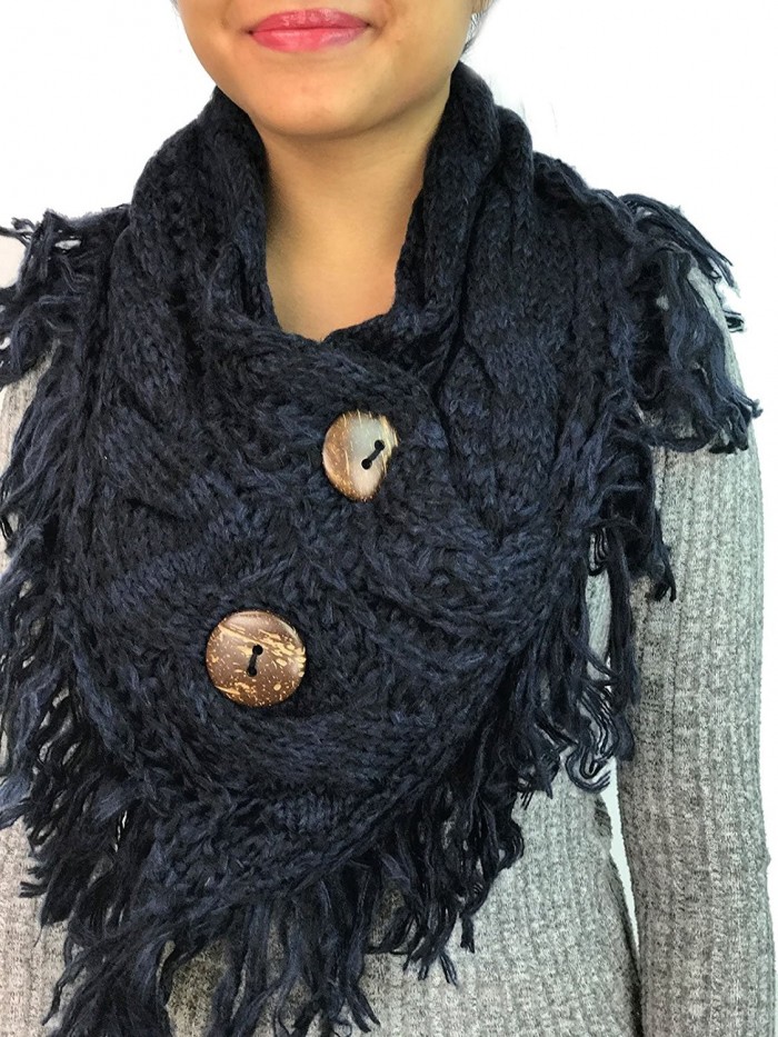 Women's Heather Fringe Shoulder Accent Coconut Buttons Cable Knit Shoulder Scarf Wrap YS-3680 - Navy - CV187WN7L95