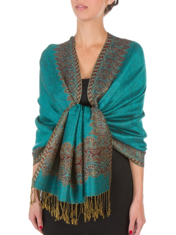 Sakkas 70 x 28-Inch Border Pattern Layered Woven Pashmina Shawl Scarf Wrap Stole - Sea Green - C6113KBJRDJ