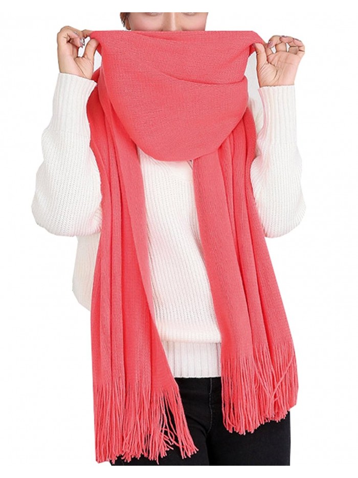 Wander Agio Women's Warm Long Scarves Winter Scarfs Pure Color Scarf Tassel - Melon Red - CT186GKK66Z