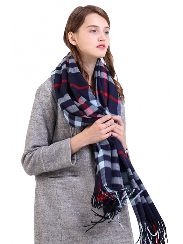 MisShow Women Plaid Tassel Chunky Blanket Shawl Scarf Wrap Scarves for Winter - Navy - C0188UUDCUX