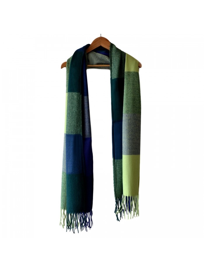 LARRONKETY Women's Fashion Long Shawl Big Grid Winter Warm Large Tassel Scarf - Blue Green - C4187CUN76G