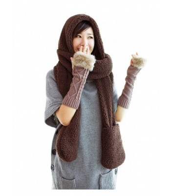 Tonwhar Womens Cute Winter Thick Warm Long Hooded Scarf with Mittens - Coffee - CK11PH7SBP9