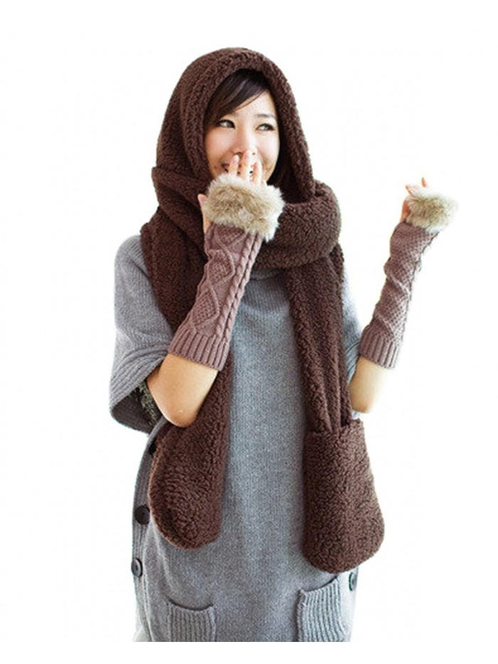 Tonwhar Womens Cute Winter Thick Warm Long Hooded Scarf with Mittens - Coffee - CK11PH7SBP9